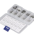 Open box of 200pcs Stainless Steel External Retaining E Clip Kit For Bearings Pulleys Gears And Shafts Boss Grade Heavy Duty High Tension Circlips