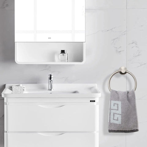 Bathroom with Brushed Nickel Round Towel Ring Wall Mounted Rustproof 304 Stainless Steel Hand Towel Holder beside white sink