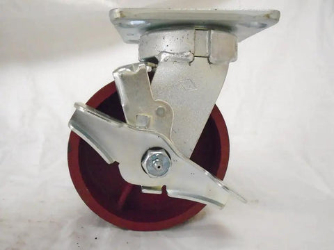 Heavy Duty Five Inch Swivel Casters With Kingpinless Design And Ductile Steel Wheels Delivering Smooth Rolling Action And Rock Solid Load Rating Brake Set Of Four profile view showing brake mechanism and steel wheel.