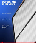 Subaru 2 In 1 Engine And Cabin Air Filter Kit Replacement showing pleated filter with features like low flow resistance and dirt collection.