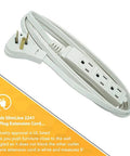 SlimLine Indoor Flat Extension Cord 8 Ft With Right Angle Plug, 16 Gauge, Three Grounded Outlets, 125 Volt, White