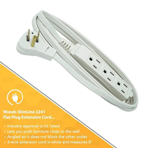 SlimLine Indoor Flat Extension Cord 8 Ft With Right Angle Plug, 16 Gauge, Three Grounded Outlets, 125 Volt, White