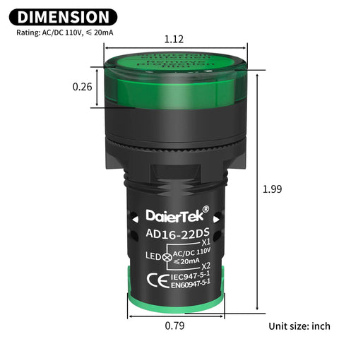 Green 120V LED Indicator Light Energy Saving Pilot Lamp For Panel Mount 22mm Seven Eighths Inch Hole AC DC Compatible