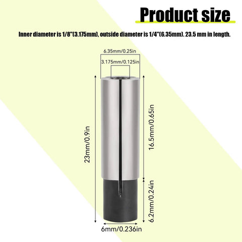 Diagram of 2 Pack 1/4 To 1/8 Collet Adapter For CNC Lathe And Router Bits, High Carbon Steel, dimensions in millimeters and inches