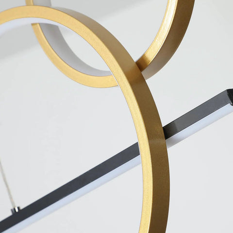 Close-up of Dope Modern Dimmable Pendant Light With Linear Wave LED Chandelier, featuring gold and black rings, 45W