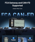 Bluetooth OBD2 Scanner With Bi-Directional Control For iOS And Android, showing FCA gateway and CAN-FD support with cars