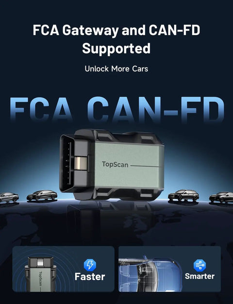 Bluetooth OBD2 Scanner With Bi-Directional Control For iOS And Android, showing FCA gateway and CAN-FD support with cars