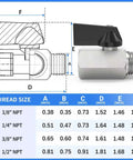 Chrome Plated Brass Mini Ball Valve 3/8 NPT Male To 3/8 NPT Female Pipe Fitting with size chart and dimensions, side view
