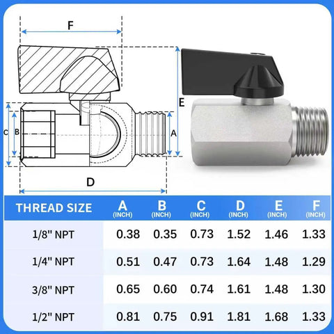Chrome Plated Brass Mini Ball Valve 3/8 NPT Male To 3/8 NPT Female Pipe Fitting with size chart and dimensions, side view