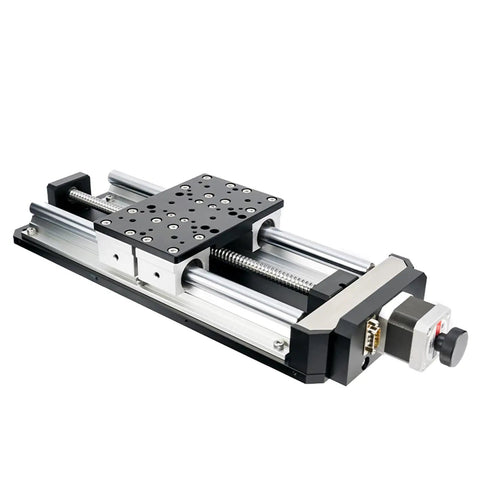 Top Tier Heavy Duty Motorized Linear Stage Featuring A Slick Ball Screw Drive Electric Translating Platform with 200mm travel range and aluminum build.