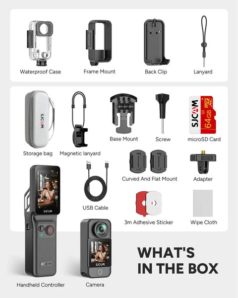 4K Vlog Cam With 64GB Memory, waterproof case, mounts, USB cable, and accessories in the box, black.