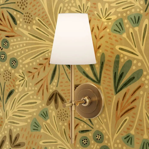 Beige Floral Wallpaper With Luxurious Gold Metallic Finish For Major Interior Glow Up, featuring a wall sconce with white shade.