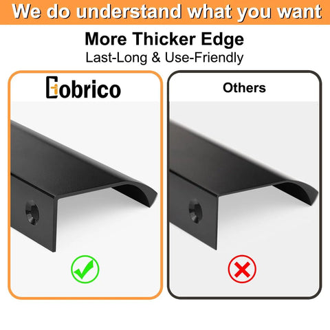 Comparison of Matte Black Edge Finger Pulls showing thicker edge vs. standard, highlighting durability and design quality.