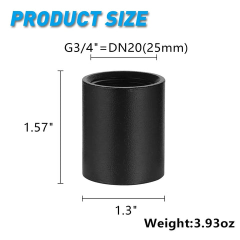 Black Three Quarter Inch Internal Thread Malleable Iron Pipe Coupling with dimensions and weight details for DIY plumbing projects.