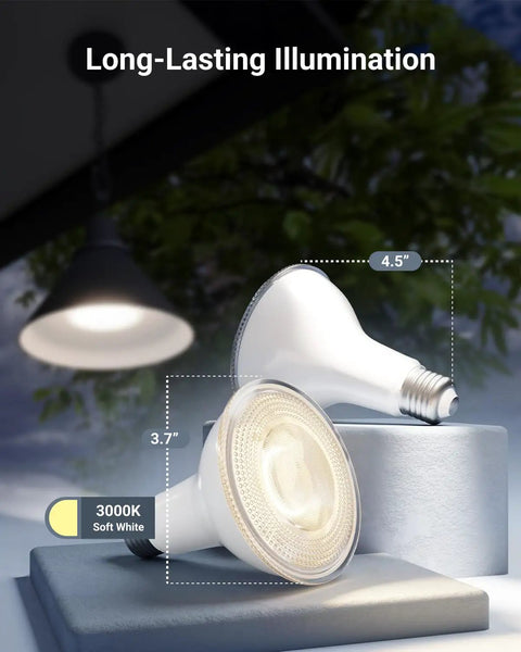 4 Pack PAR30 LED Dusk to Dawn Flood Light Bulbs with Photocell Sensor displayed with size measurements, 3000K Soft White