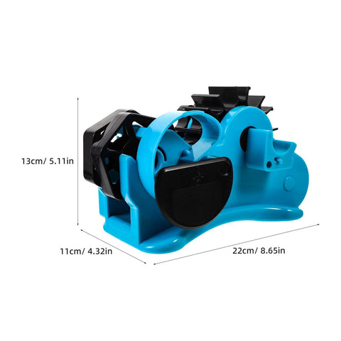 Semi Automatic Heat Tape Cutter With Compact Desktop Packing Station And Lightweight Tape Holder For Quick Box Sealing And Top Shelf Shipping Hustle The Reliable Gadget For Smooth Tape Dispensing Routine Blue side view with dimensions