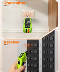 Go-To All In One Circuit Breaker Finder And Outlet Tester With GFCI Detection shown in use, dual LCD displays.