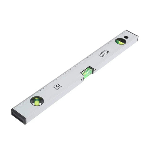 Ycauty Spirit Level Magnetic Measuring Ruler Aluminium Alloy for DIY Projects Home Garden 500mm Silver, top view with bubbles and scale.