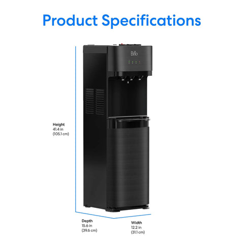 Self Cleaning Bottom Loading Water Cooler Dispenser In Black Stainless Steel With Three Temperature Settings and dimensions