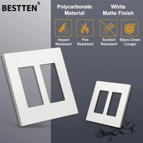Pack Of Ten Matte White Screwless Two Gang Decor Wall Plates Modern Upgrade For Light Switches Dimmers Usb And Gfci Receptacles Snap On Outlet Covers In Popular Subtle Finish Easy Install Polycarbonate shown with polycarbonate material features