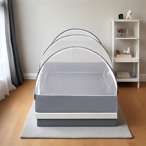 Large Pop Up Bed Mosquito Net Canopy For Bed Camping And Travel Portable Travel Friendly Foldable Tent Easy Setup 78 By 39 By 28 Inch Size Gray Carry Bag Ideal For Indoor Sleep And Outdoor Camping Patio Use shown installed on bed indoors