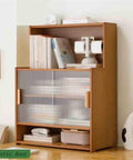 Multi Tier Desktop Bookshelf With Bamboo Build And Sliding Plastic Door Space Saver Display Rack For Home Office Cozy Sturdy Organizer