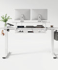 Adjustable Height Standing Desk With Raised Monitor Platform And Sleek Cable Tray For A Sick Home Office Setup showing dual monitors, plants, and organized storage.
