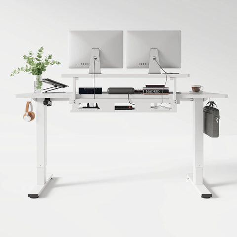 Adjustable Height Standing Desk With Raised Monitor Platform And Sleek Cable Tray For A Sick Home Office Setup showing dual monitors, plants, and organized storage.