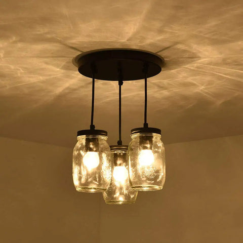 Three Light Mason Jar Pendant Lights For Kitchen Island Farmhouse Chandelier Ceiling Mount Black Rustic Hanging Lighting