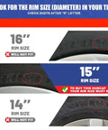Tire size comparison graphic for 15 inch 8 spoke silver plastic wheel covers set for 2009 2013 Corolla with steel wheels