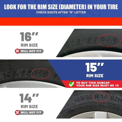 Tire size comparison graphic for 15 inch 8 spoke silver plastic wheel covers set for 2009 2013 Corolla with steel wheels