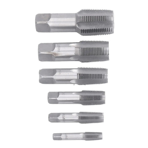 NPT Tap Set Six Piece Carbon Steel Pipe Threading Kit For Auto Shop Fixes Includes One Inch, Three Quarter Inch, One Half Inch, Three Eighth Inch, One Quarter Inch, One Eighth Inch Taps For Clean Starts, Precise Threads And Dependable Threading.