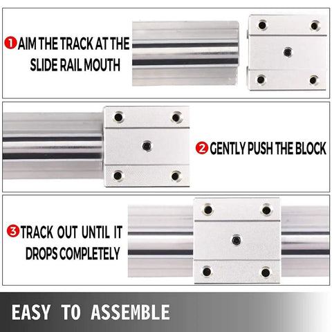 Installation steps showing Heavy Duty Linear Rail Kit With 200mm Rails And SBR12UU Slider Blocks End Stops For CNC Routers And 3D Printers