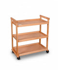 Sturdy Beech Wood Rolling Art Supply Cart With Wide Three Tier Shelves Secure Side Guards And Silky Smooth Wheels For Easy Studio Rollout and Grab And Go Creative Organization, shown from the front.