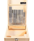 Accusize 29pc HSS chucking reamer set, 1/16–1/2 in by 1/64 in, straight flute, right-hand cut, in wooden case