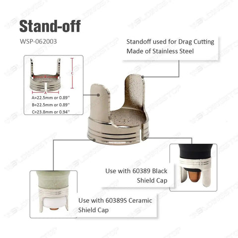Standoff for 24 Piece 1.0mm Electrode And Tip Kit For PT-40 IPT-60 PT60 Plasma Cutter Torch Consumables, stainless steel, dimensions shown