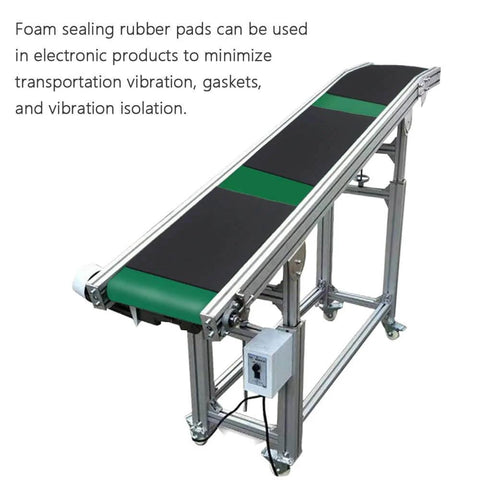 Conveyor with self adhesive neoprene foam sheets for vibration dampening and sealing on machinery, showing protective covering