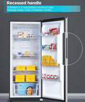 Heavy Lifter 14 Cubic Foot Convertible Freezer And Refrigerator With No Sweat Frost Free Build glass racks and brushed steel exterior, showing interior shelves.