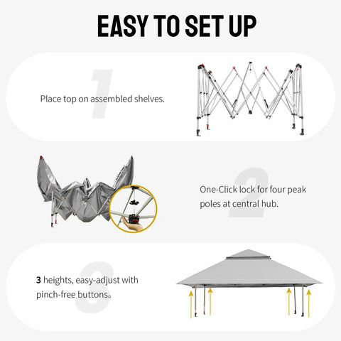 13x13 Pop Up Gazebo Canopy Tent For Backyard And Patio easy setup process, foldable frame and canopy, shown in three steps.
