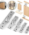 Heavy Duty Hidden Pivot Hinge For Cabinets And Doors With 360 Degree Rotation Positive Axis Eccentric Shaft Stainless Steel 75mm, shown with installation examples on wooden panels and doors.