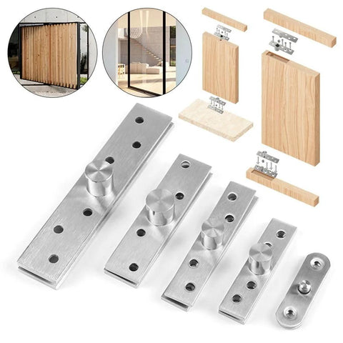 Heavy Duty Hidden Pivot Hinge For Cabinets And Doors With 360 Degree Rotation Positive Axis Eccentric Shaft Stainless Steel 75mm, shown with installation examples on wooden panels and doors.