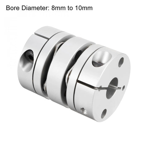 Front view of clamp-tight motor shaft coupling, 8mmx10mm, aluminum, two-diaphragm