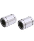 LM16UU Linear Ball Bearing Set Of 2, 16mm Bore, 28mm Outer Diameter, 37mm Length, Super Smooth Precision, Rock Solid Motion For CNC Machines, 3D Printers, And DIY Projects. Two silver bearing steel linear ball bearings on white background.
