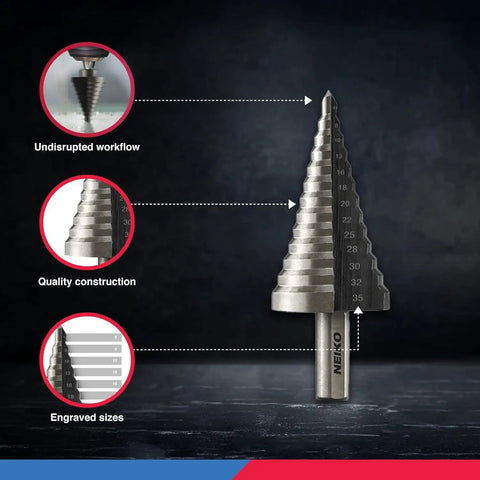 Titanium Coated Step Drill Bit Set 5 Piece 4mm To 35mm HSS Unibit With 135 Degree Split Point showing engraved sizes.