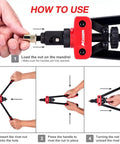 14 Inch Rivet Nut Tool Set With Quick Change Head Six Interchangeable Mandrels Includes 90 Rivnuts And 2 Mandrel Lock Pins Hand Rivet Nut Setter Kit For Quick Labor Saving Compact Design And No Fuss Mandrel Changes demonstrated in use.