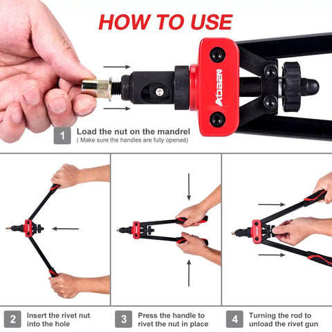 14 Inch Rivet Nut Tool Set With Quick Change Head Six Interchangeable Mandrels Includes 90 Rivnuts And 2 Mandrel Lock Pins Hand Rivet Nut Setter Kit For Quick Labor Saving Compact Design And No Fuss Mandrel Changes demonstrated in use.