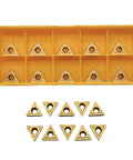20pcs TCMT21.51 carbide turning inserts, triangular with center hole, gold color in yellow organizer tray