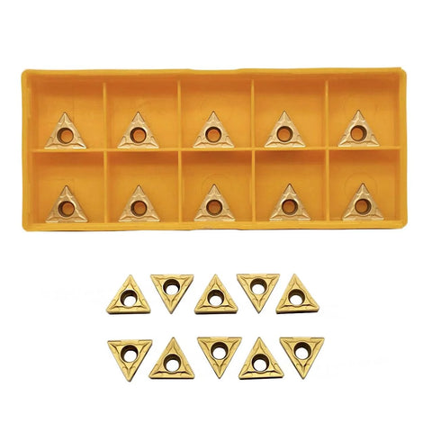 20pcs TCMT21.51 carbide turning inserts, triangular with center hole, gold color in yellow organizer tray