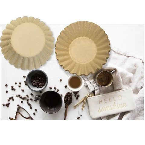 Natural Unbleached Brown Biodegradable Extra Large Coffee Filters For 10 To 15 Cup Baskets, coffee beans and cups on table