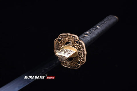 Close-up of brass tsuba on Katana Sword With T10 Steel, Clay Tempered For Real Sharp Edge, Battle Ready Hand Forged Blade With Hamon
